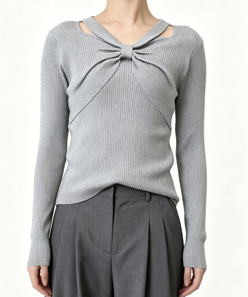 Miniministore(ミニミニストア)の「フロントリボンリブニットトップス大人秋服(ニット/セーター・レディース・ブラック/ライトベージュ/ホワイト/ブラウン/グレー/アイボリー・FREE)」の4枚目の写真