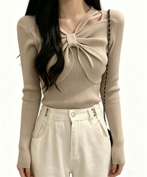 フロントリボンリブニットトップス大人秋服