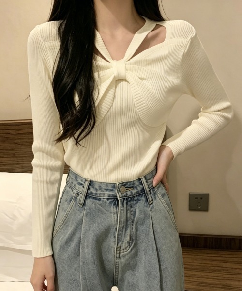Miniministore(ミニミニストア)の「フロントリボンリブニットトップス大人秋服(ニット/セーター・レディース・ブラック/ライトベージュ/ホワイト/ブラウン/グレー/アイボリー・FREE)」の3枚目の写真