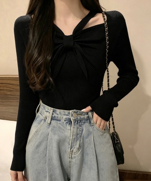 Miniministore(ミニミニストア)の「フロントリボンリブニットトップス大人秋服(ニット/セーター・レディース・ブラック/ライトベージュ/ホワイト/ブラウン/グレー/アイボリー・FREE)」の1枚目の写真