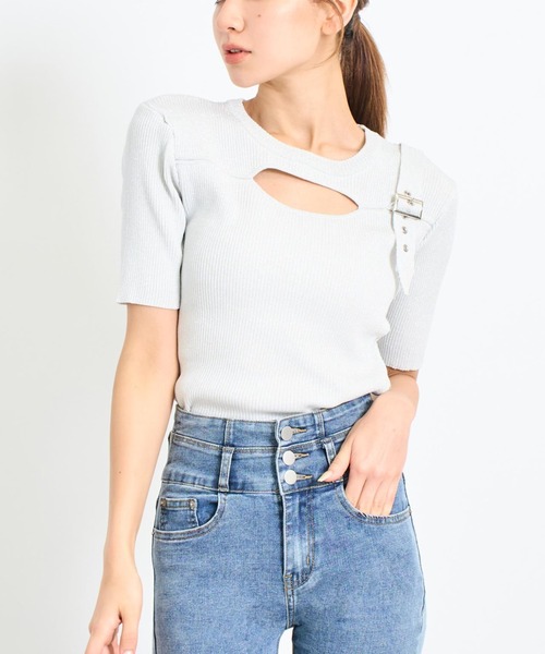 ANAP（アナップ）の「ラメ糸 ベルトデザイン リブニット トップス（ニット/セーター・レディース・ライトピンク/ブラック/オフホワイト/ブルー・FREE）」の2枚目の写真