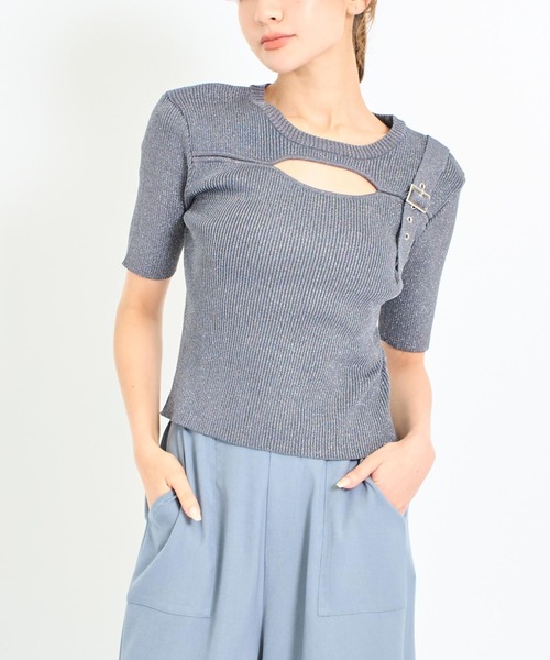 ANAP（アナップ）の「ラメ糸 ベルトデザイン リブニット トップス（ニット/セーター・レディース・ライトピンク/ブラック/オフホワイト/ブルー・FREE）」の3枚目の写真