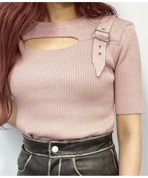 ANAP（アナップ）の「ラメ糸 ベルトデザイン リブニット トップス（ニット/セーター・レディース・ライトピンク/ブラック/オフホワイト/ブルー・FREE）」の5枚目の写真