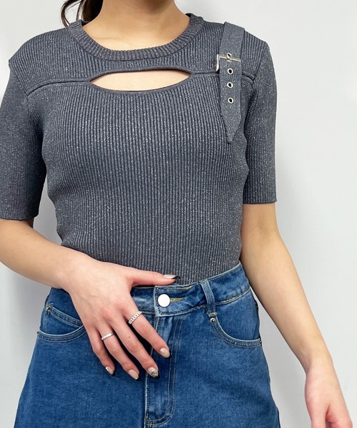 ANAP（アナップ）の「ラメ糸 ベルトデザイン リブニット トップス（ニット/セーター・レディース・ライトピンク/ブラック/オフホワイト/ブルー・FREE）」の19枚目の写真