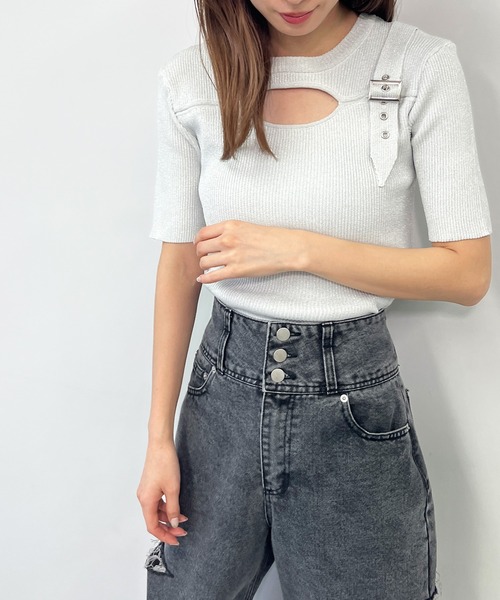 ANAP（アナップ）の「ラメ糸 ベルトデザイン リブニット トップス（ニット/セーター・レディース・ライトピンク/ブラック/オフホワイト/ブルー・FREE）」の8枚目の写真