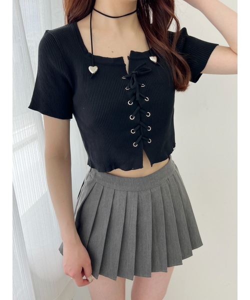 PHILLY（フィリー）の「【PHILLY】レースアップリブニットトップス（ニット/セーター・レディース・ホワイト/ブラック・FREE）」の2枚目の写真