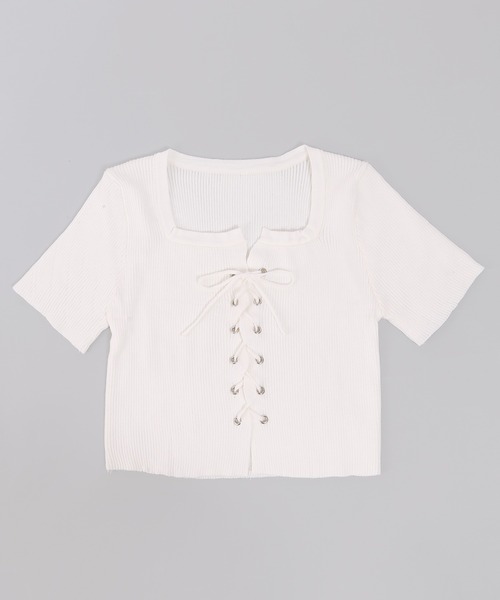 PHILLY（フィリー）の「【PHILLY】レースアップリブニットトップス（ニット/セーター・レディース・ホワイト/ブラック・FREE）」の3枚目の写真