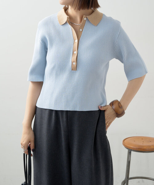 Omekashi（オメカシ）の「半袖リブニットポロ（ポロシャツ）」 - WEAR
