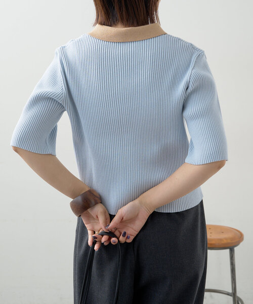Omekashi（オメカシ）の「半袖リブニットポロ（ポロシャツ・レディース・ブルー/レッド/ブラック/アイボリー/ピンク・FREE）」の10枚目の写真
