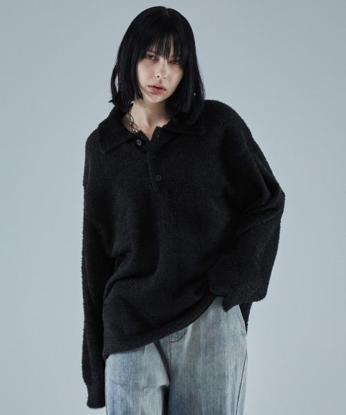 VELNUS（ベルナス）の「【VELNUS】Loose silhouette volume sleeve shaggy knit polo shirt/ルーズシルエットボリュームスリーブシャギーニットポロシャツ（ニット/セーター・メンズ・ブルー/ブラック・S/M/L）」の2枚目の写真