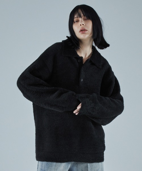 VELNUS】Loose silhouette volume sleeve shaggy knit polo