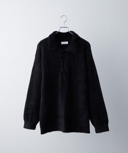 VELNUS】Loose silhouette volume sleeve shaggy knit polo shirt
