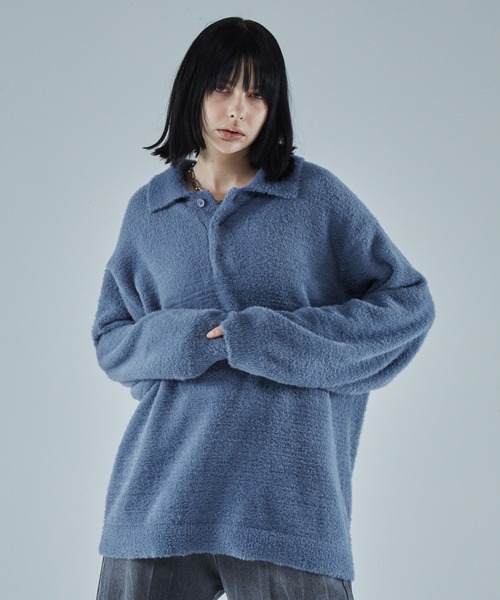 VELNUS】Loose silhouette volume sleeve shaggy knit polo shirt