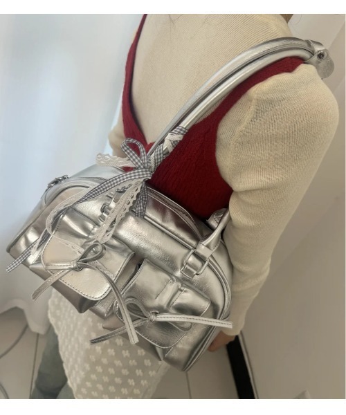gossip！ロサンゼルス（ゴシップロサンゼルス）の「Y2K   ダブルリボンデザイン ハンドバッグ ［ レーステープつきバッグ!  新風格 ］（ハンドバッグ・レディース・シルバー/ブラック/ワイン/オフホワイト/ピンク・FREE）」の13枚目の写真
