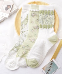 Lace Ladies（レースレディース）の「【3足セット】 ボタニカル柄 クルー丈 リブ ソックス（ソックス/靴下・レディース）」
