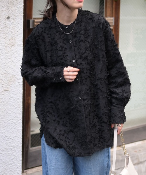 セール】ノーカラーフリンジオーバーブラウス（シャツ/ブラウス  