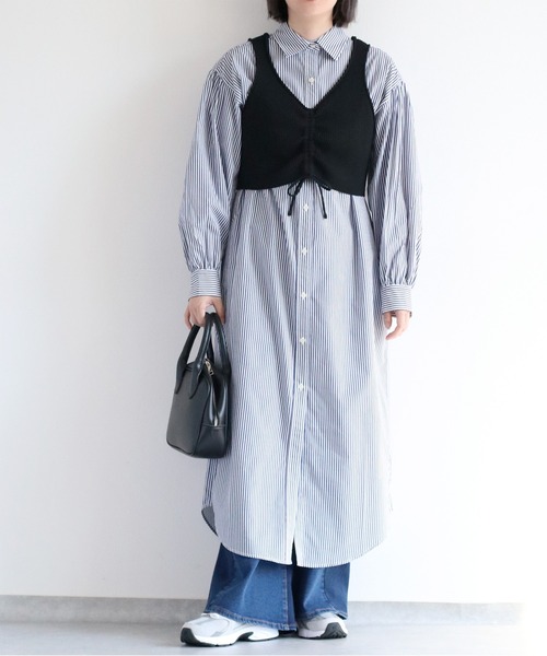 cepo(セポ)の「〈セットアイテム〉ニットビスチェ&シャツワンピース アンサンブル(シャツワンピース・レディース・ベージュ/ネイビー・M)」の17枚目の写真