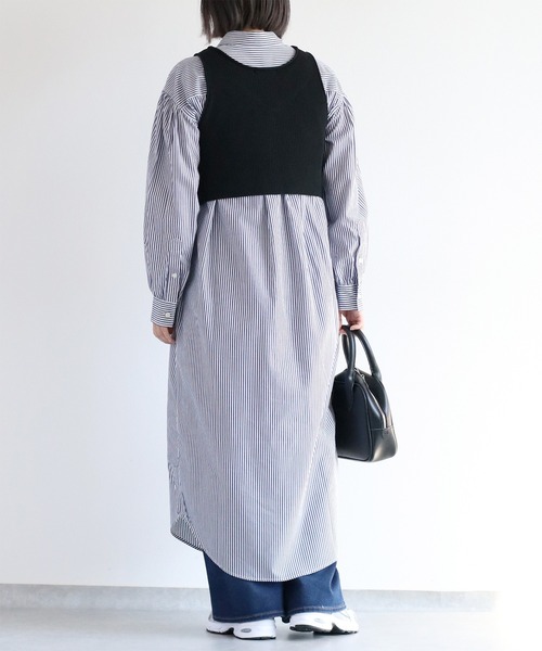 cepo(セポ)の「〈セットアイテム〉ニットビスチェ&シャツワンピース アンサンブル(シャツワンピース・レディース・ベージュ/ネイビー・M)」の19枚目の写真