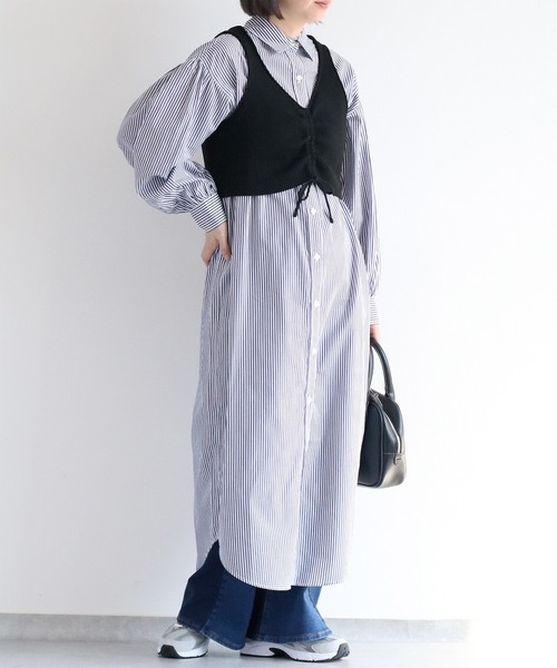 cepo(セポ)の「〈セットアイテム〉ニットビスチェ&シャツワンピース アンサンブル(シャツワンピース・レディース・ベージュ/ネイビー・M)」の18枚目の写真