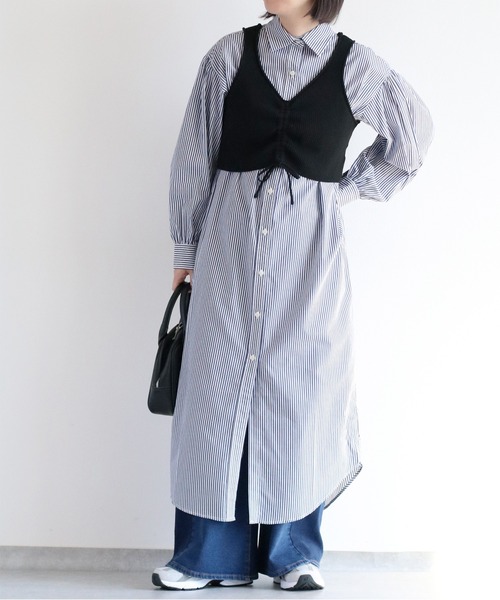 cepo(セポ)の「〈セットアイテム〉ニットビスチェ&シャツワンピース アンサンブル(シャツワンピース・レディース・ベージュ/ネイビー・M)」の21枚目の写真