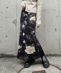 【jiasecond.】ボタニカル柄タイトスカート / ボトムス スカート ロング 総柄 花柄 フラワー ボタニカル ストレッチ レイヤード タイト ブラック ZOZOTOWN限定