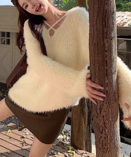 セール】冬SALE特価/クロスネックシャギーニットプルオーバー（ニット