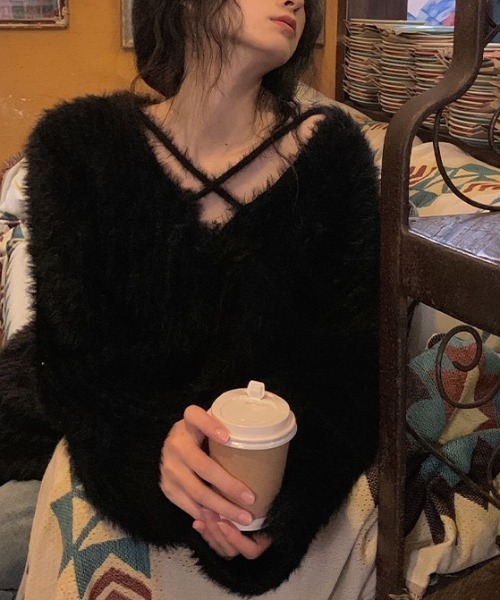 ミュベール　フクロウインターシャセーター　絹　毛　ドッキング　2way　黒　38 ミュベール フクロウインターシャセーター 絹 毛 ドッキング 2way 黒