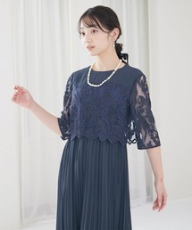 刺繍切り替えプリーツデザインワンピースドレス