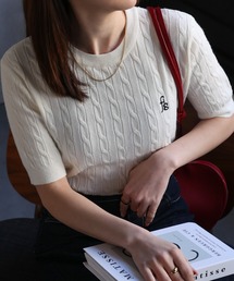 ワンポイント胸元刺繍 ケーブニットプルオーバー/半袖ニット