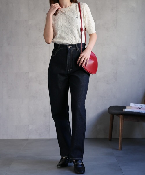 セール】ワンポイント胸元刺繍 ケーブニットプルオーバー/半袖ニット