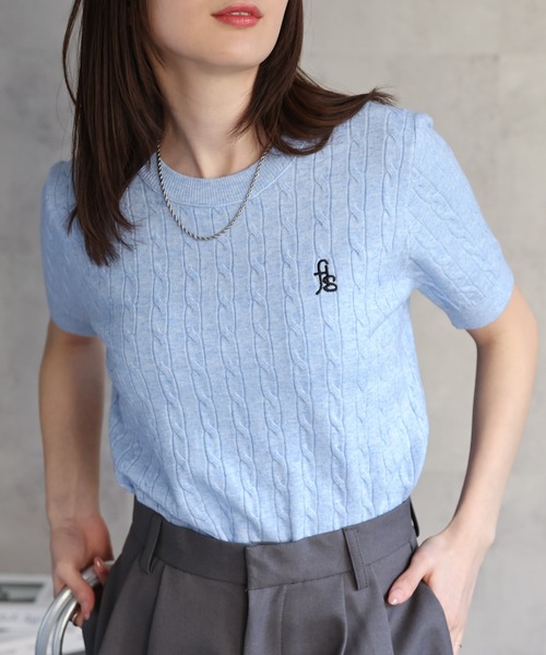 セール】ワンポイント胸元刺繍 ケーブニットプルオーバー/半袖