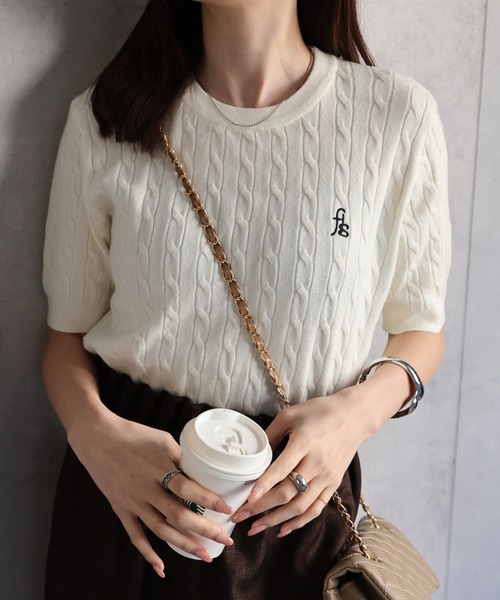 胸元キラリ＊【HERMES】ポケット付き半袖セーター TITTY＆CO. ニット セーター バイカラー襟ニット半袖 レディース