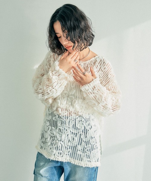 まこページ セール】ニュアンス柄レーシー長袖プルオーバー 242889（Tシャツ