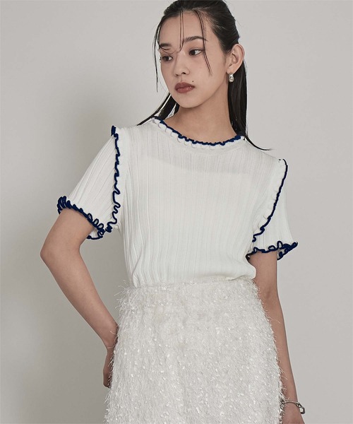 miette(ミエット)の「配色ラインランダムリブトップス(ニット/セーター・レディース・ブラウン/ライトベージュ/ブラック/オフホワイト/グレー・FREE)」の2枚目の写真