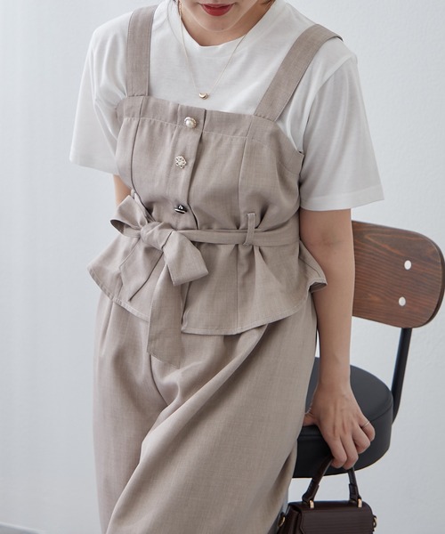 Remind me and forever(リマインドミーアンドフォーエバー)の「【2枚セット】麻風素材の色々ぼたんキャミ+パンツセット(ワンピース・レディース・カーキ/チャコールグレー/ネイビー/グレイッシュベージュ・FREE)」の2枚目の写真