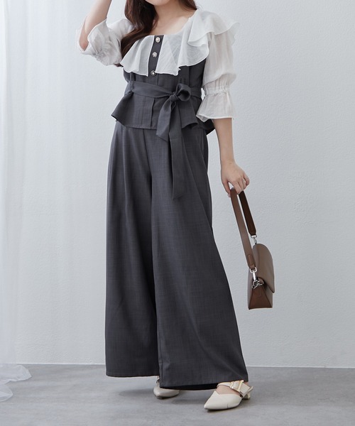 Remind me and forever(リマインドミーアンドフォーエバー)の「【2枚セット】麻風素材の色々ぼたんキャミ+パンツセット(ワンピース・レディース・カーキ/チャコールグレー/ネイビー/グレイッシュベージュ・FREE)」の1枚目の写真