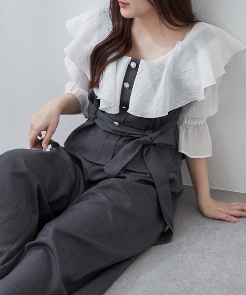 Remind me and forever(リマインドミーアンドフォーエバー)の「【2枚セット】麻風素材の色々ぼたんキャミ+パンツセット(ワンピース・レディース・カーキ/チャコールグレー/ネイビー/グレイッシュベージュ・FREE)」の13枚目の写真