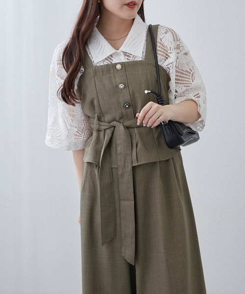 Remind me and forever(リマインドミーアンドフォーエバー)の「【2枚セット】麻風素材の色々ぼたんキャミ+パンツセット(ワンピース・レディース・カーキ/チャコールグレー/ネイビー/グレイッシュベージュ・FREE)」の5枚目の写真