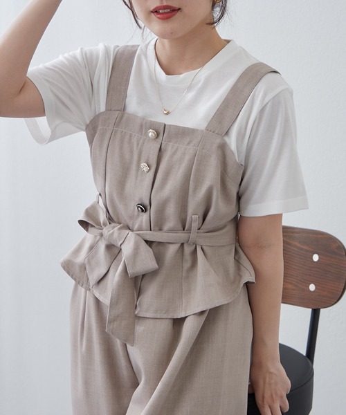 Remind me and forever(リマインドミーアンドフォーエバー)の「【2枚セット】麻風素材の色々ぼたんキャミ+パンツセット(ワンピース・レディース・カーキ/チャコールグレー/ネイビー/グレイッシュベージュ・FREE)」の9枚目の写真