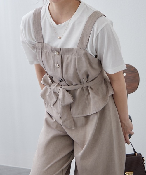 Remind me and forever(リマインドミーアンドフォーエバー)の「【2枚セット】麻風素材の色々ぼたんキャミ+パンツセット(ワンピース・レディース・カーキ/チャコールグレー/ネイビー/グレイッシュベージュ・FREE)」の6枚目の写真