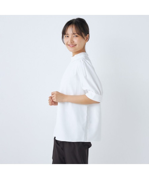 ブラウス シャツ 「洗える5分丈袖ブラウス」パフスリーブスタンドカラープルオーバー レディース 洗える5分丈袖ブラウス】パフスリーブスタンドカラープル