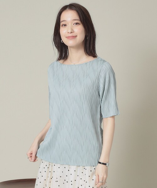 ITS'DEMO(イッツデモ)の「【洗濯機OK】ジャカード5分袖プルオーバー(Tシャツ/カットソー・レディース・オフホワイト/ブラック/ベビーピンク/サックスブルー・00)」の2枚目の写真