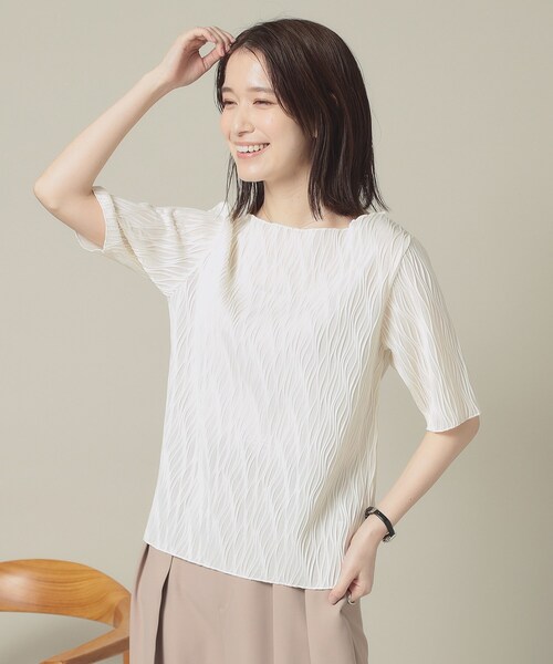 ITS'DEMO(イッツデモ)の「【洗濯機OK】ジャカード5分袖プルオーバー(Tシャツ/カットソー・レディース・オフホワイト/ブラック/ベビーピンク/サックスブルー・00)」の5枚目の写真