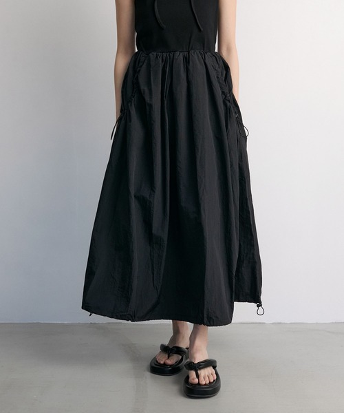 新品ブラックプリーツバルーン調ドッキングワンピース セレモニー式典 1枚でお洒落 Fabric combination docking ribbed tank balloon dress / 異