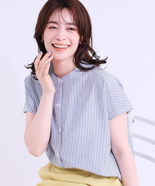 SHOO・LA・RUE（シューラルー）の「【洗える/S-LL】涼やかで好印象 サッカーブラウス（シャツ/ブラウス・レディース・ネイビー/ブルー系その他4/ホワイト・04/03/02/01）」の3枚目の写真