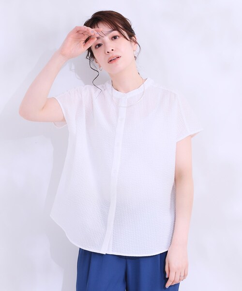 SHOO・LA・RUE（シューラルー）の「【洗える/S-LL】涼やかで好印象 サッカーブラウス（シャツ/ブラウス・レディース・ネイビー/ブルー系その他4/ホワイト・04/03/02/01）」の12枚目の写真