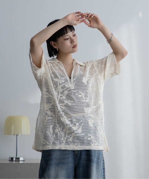 VACANCY(ヴァカンシー)の「ハーフZIPレースオーバーシャツ/ヴィンテージ花柄(シャツ/ブラウス・レディース・アイボリー/ブラック・FREE)」の5枚目の写真