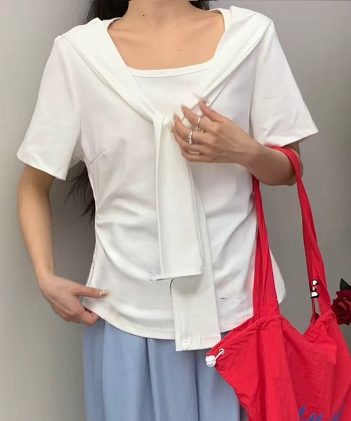 Lace Ladies(レースレディース)の「ボウタイ リボン クルーネック 半袖 Tシャツ(Tシャツ/カットソー・レディース・アイボリー/ブラック/ブルー・M/XL)」の2枚目の写真