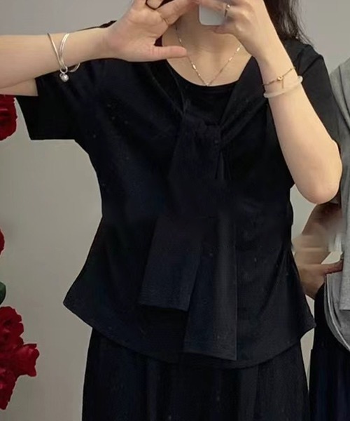 Lace Ladies(レースレディース)の「ボウタイ リボン クルーネック 半袖 Tシャツ(Tシャツ/カットソー・レディース・アイボリー/ブラック/ブルー・M/XL)」の3枚目の写真