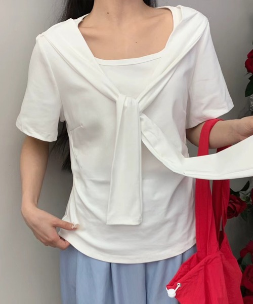 Lace Ladies(レースレディース)の「ボウタイ リボン クルーネック 半袖 Tシャツ(Tシャツ/カットソー・レディース・アイボリー/ブラック/ブルー・M/XL)」の4枚目の写真